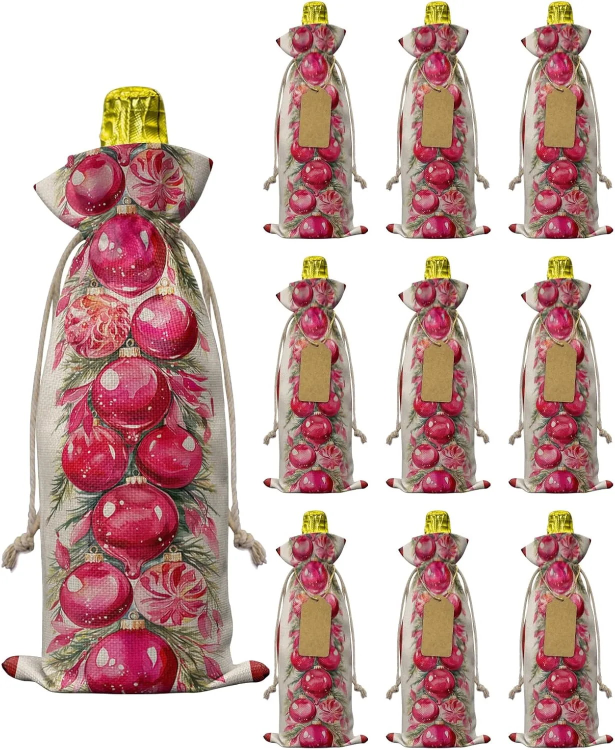 Wine Gift Bag Washable Wine Bags for Wine Bottles Gifts Hand Drawn Watercolor Christmas Poinsettia Lvory Wine Travel Bag Burlap Wine Bags with Drawstrings Tabs, 10PCS, 6.3x17.3 Inch
