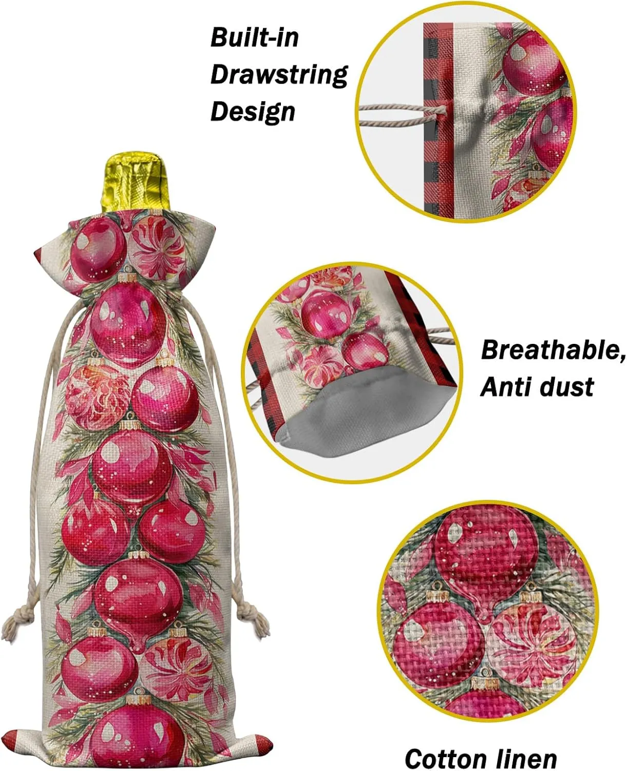 Wine Gift Bag Washable Wine Bags for Wine Bottles Gifts Hand Drawn Watercolor Christmas Poinsettia Lvory Wine Travel Bag Burlap Wine Bags with Drawstrings Tabs, 10PCS, 6.3x17.3 Inch