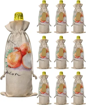 Wine Gift Bag Washable Wine Bags for Wine Bottles Gifts Watercolor Onions on Vintage Kraft Paper Wine Travel Bag Burlap Wine Bags with Drawstrings Tabs, 10PCS, 6.3x17.3 Inch