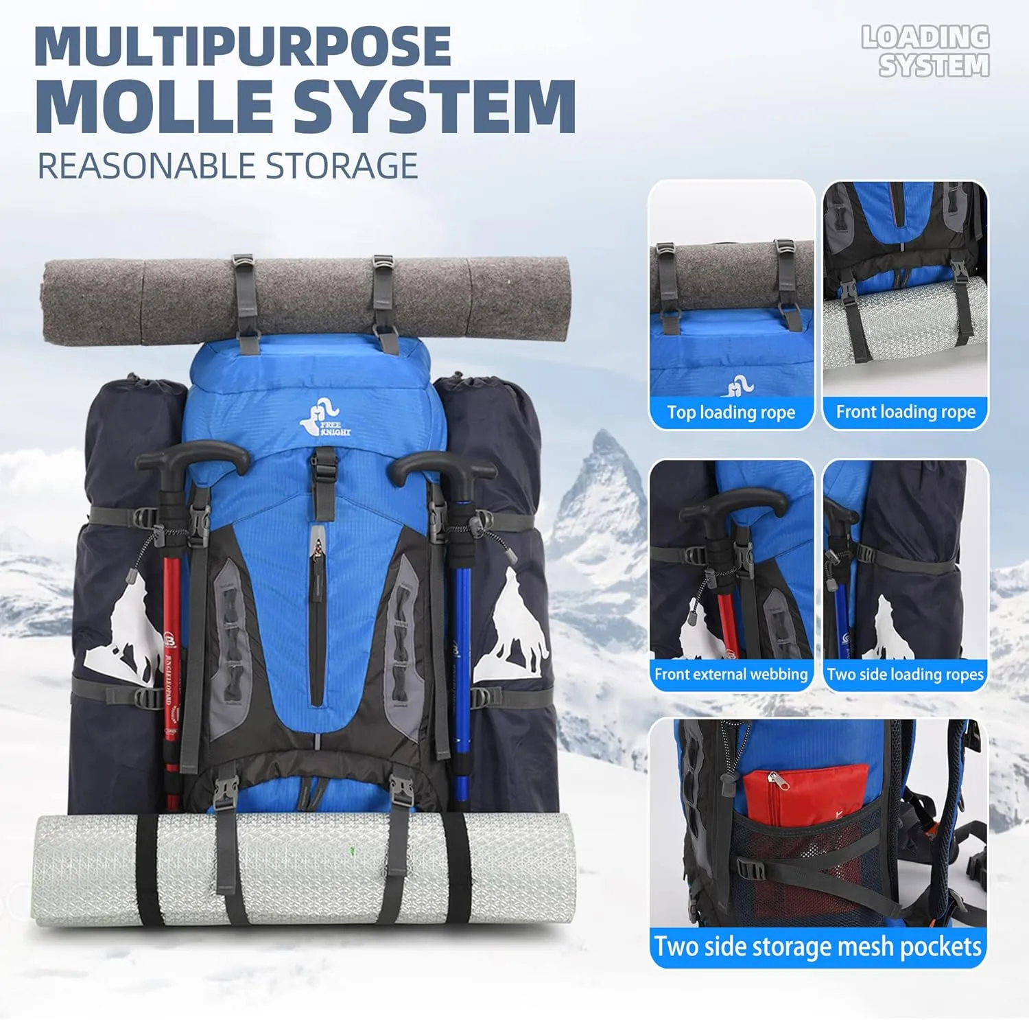 WIYPRQZ 60L Waterproof Lightweight Hiking Backpack Outdoor Sport Daypack with Rain Cover Camping (Blue)