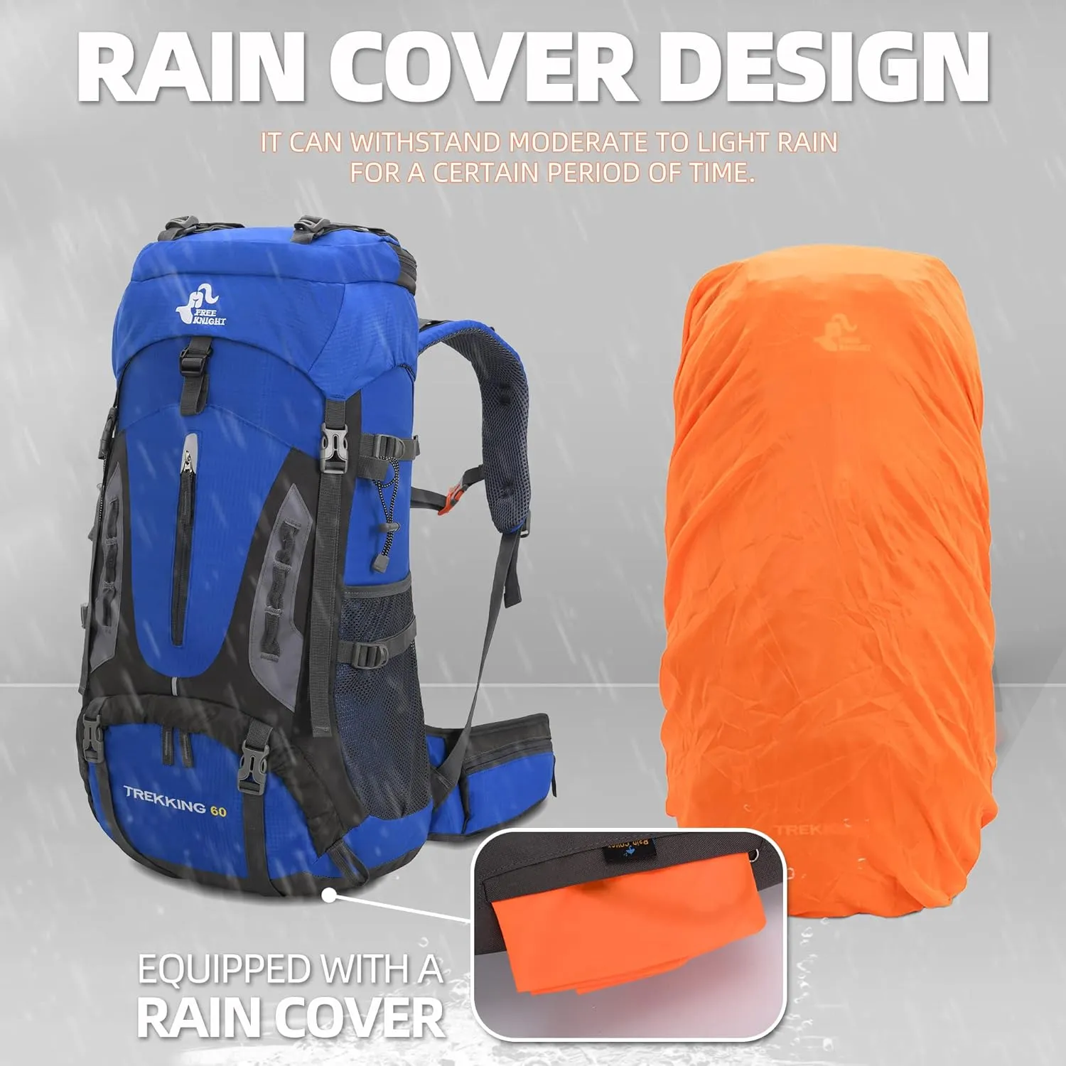 WIYPRQZ 60L Waterproof Lightweight Hiking Backpack Outdoor Sport Daypack with Rain Cover Camping (Blue)