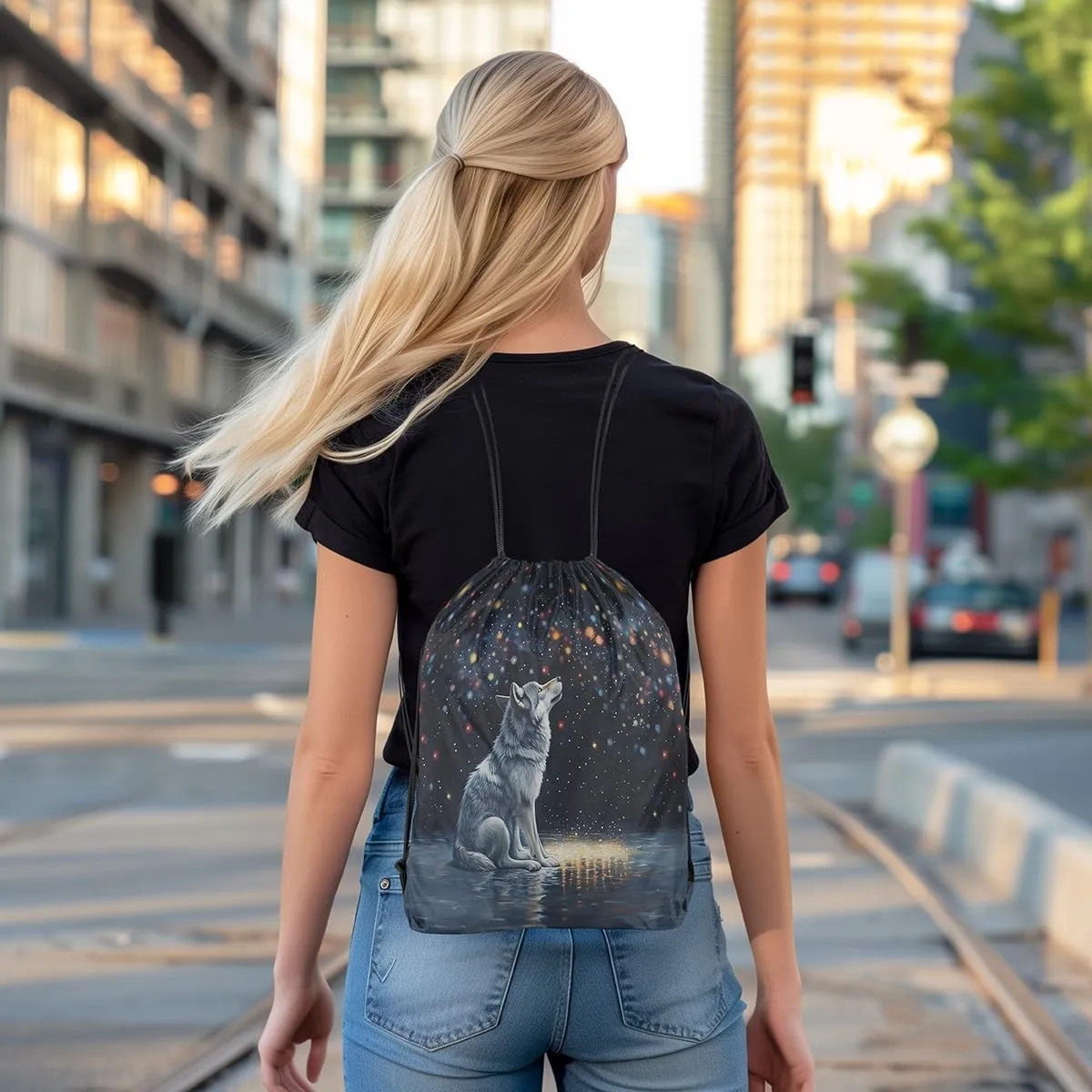 Wolf Drawstring Backpack,Neon Glitter Sky Galaxy Colorful Stars Romantic Drawstring Bags Shoulder Bag,Wild Animal Oil Paint Style Artwork Draw String Bag for Picnic Gym Sport Travel