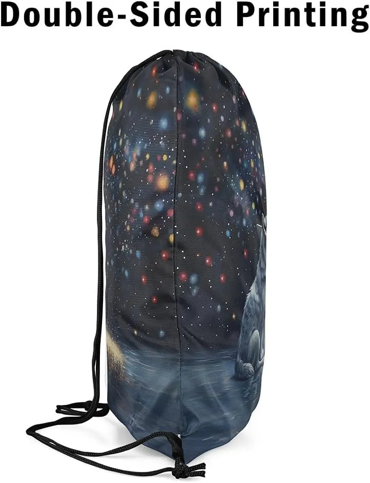 Wolf Drawstring Backpack,Neon Glitter Sky Galaxy Colorful Stars Romantic Drawstring Bags Shoulder Bag,Wild Animal Oil Paint Style Artwork Draw String Bag for Picnic Gym Sport Travel