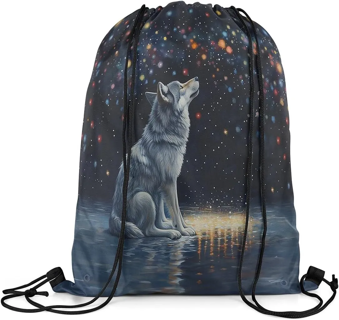 Wolf Drawstring Backpack,Neon Glitter Sky Galaxy Colorful Stars Romantic Drawstring Bags Shoulder Bag,Wild Animal Oil Paint Style Artwork Draw String Bag for Picnic Gym Sport Travel