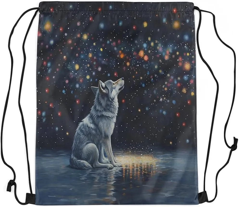 Wolf Drawstring Backpack,Neon Glitter Sky Galaxy Colorful Stars Romantic Drawstring Bags Shoulder Bag,Wild Animal Oil Paint Style Artwork Draw String Bag for Picnic Gym Sport Travel