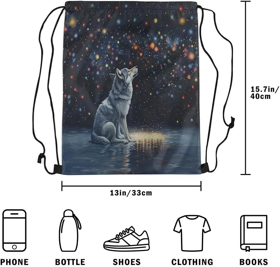 Wolf Drawstring Backpack,Neon Glitter Sky Galaxy Colorful Stars Romantic Drawstring Bags Shoulder Bag,Wild Animal Oil Paint Style Artwork Draw String Bag for Picnic Gym Sport Travel
