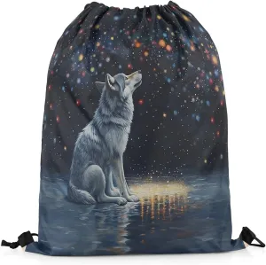 Wolf Drawstring Backpack,Neon Glitter Sky Galaxy Colorful Stars Romantic Drawstring Bags Shoulder Bag,Wild Animal Oil Paint Style Artwork Draw String Bag for Picnic Gym Sport Travel