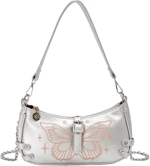 Women Aesthetic Embroidery Butterfly PU Leather Shoulder Handbag with Chain Strap Underarm Bag Crossbody Purse