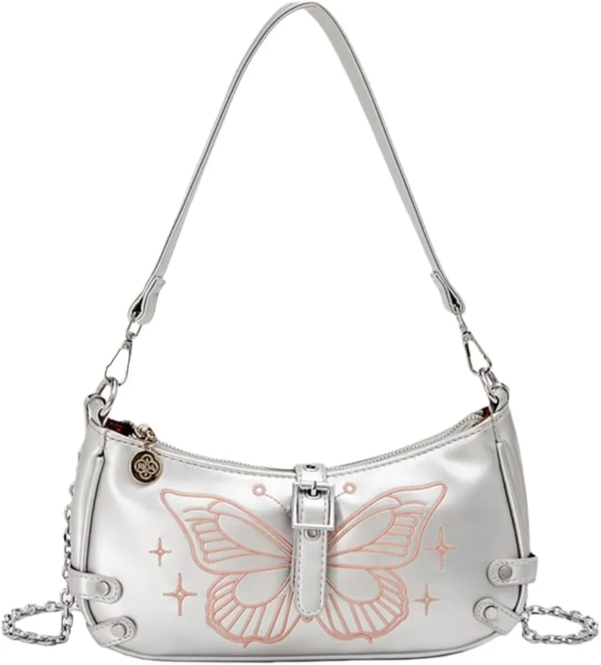 Women Aesthetic Embroidery Butterfly PU Leather Shoulder Handbag with Chain Strap Underarm Bag Crossbody Purse