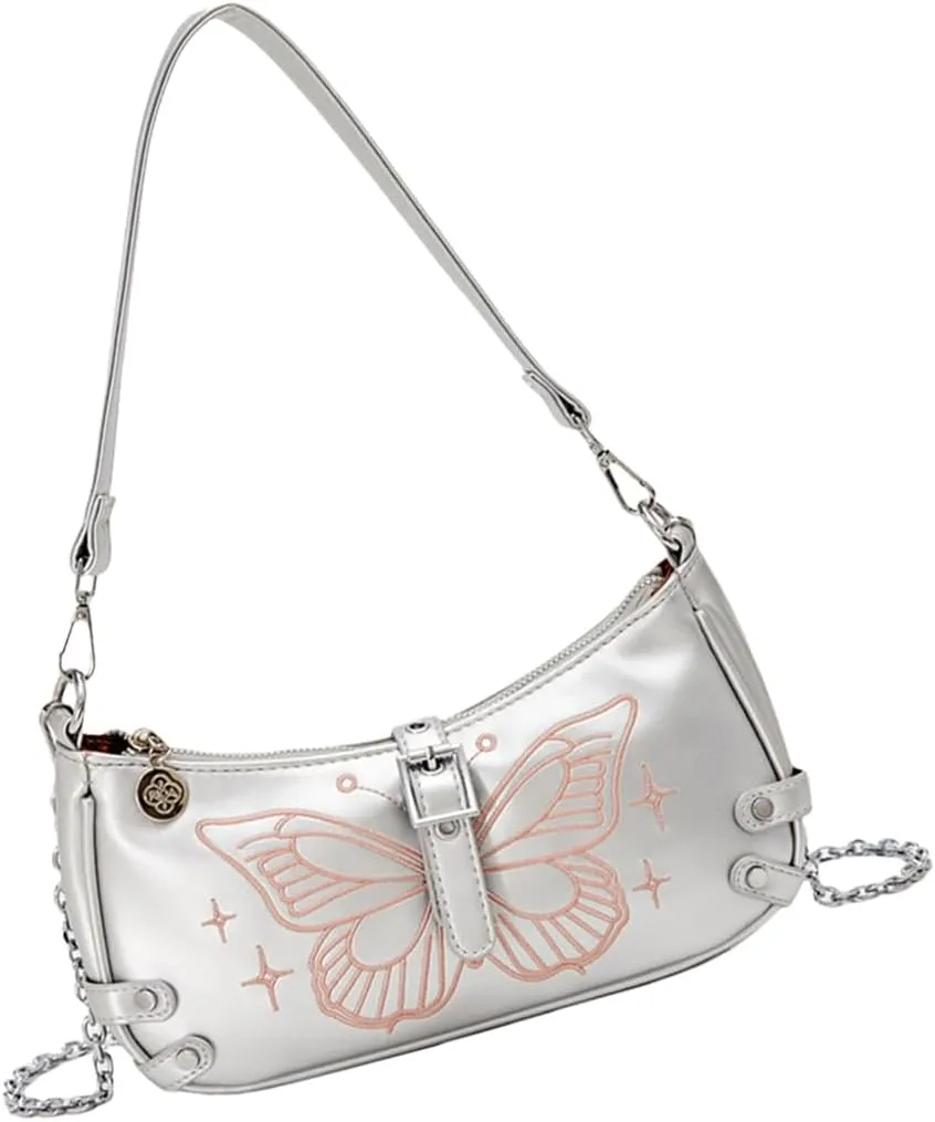 Women Aesthetic Embroidery Butterfly PU Leather Shoulder Handbag with Chain Strap Underarm Bag Crossbody Purse