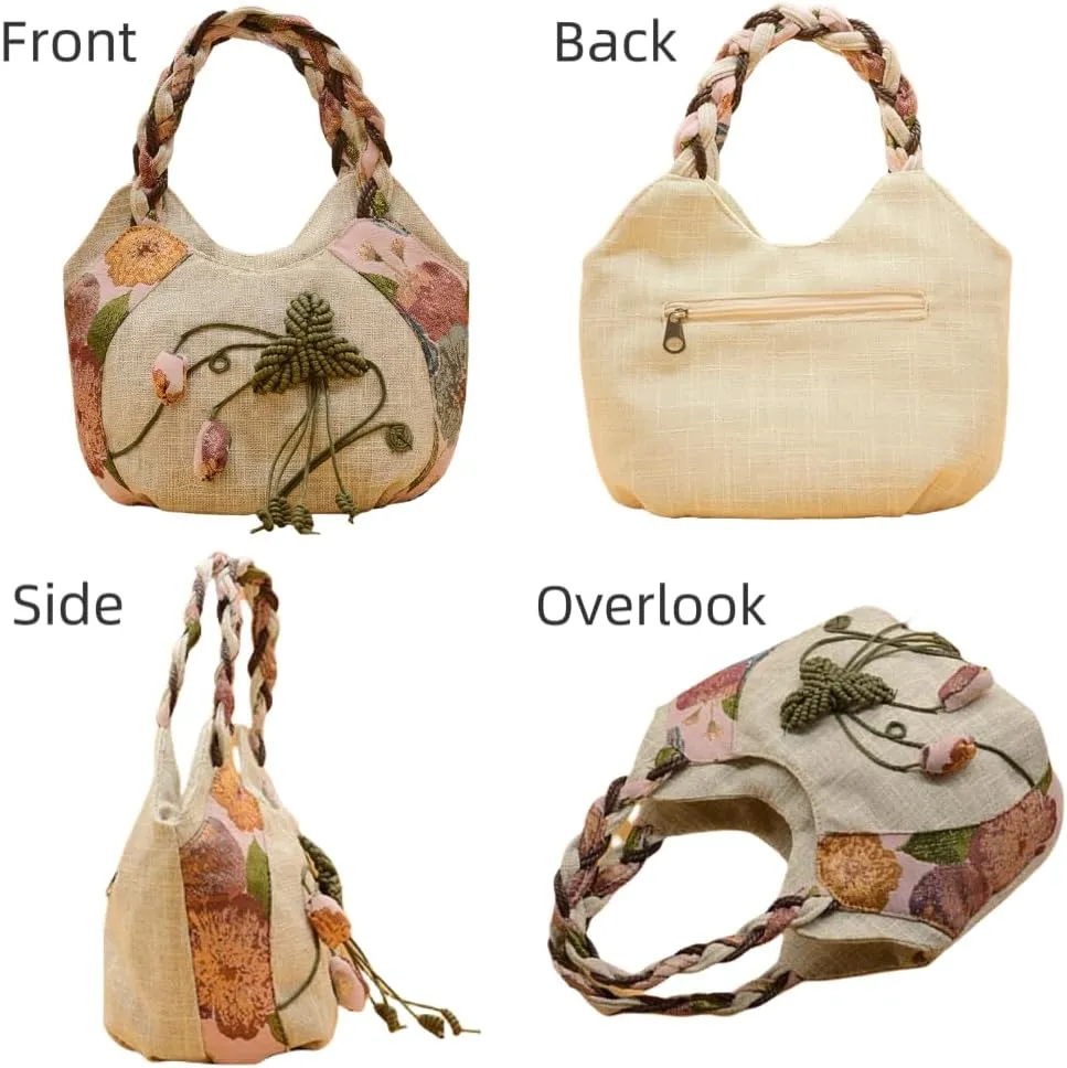 Women Cotton Canvas Tote Bag Hippie Hemp Boho Embroidery Canvas Tote Bag With Zipper Multi Pocket Retro Handbag Floral Purse