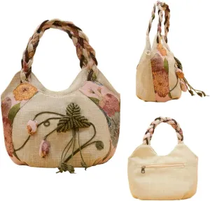 Women Cotton Canvas Tote Bag Hippie Hemp Boho Embroidery Canvas Tote Bag With Zipper Multi Pocket Retro Handbag Floral Purse