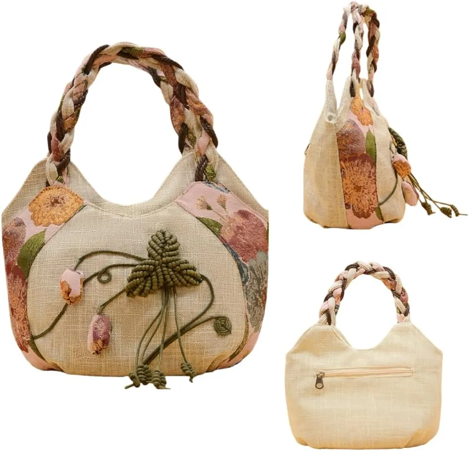 Women Cotton Canvas Tote Bag Hippie Hemp Boho Embroidery Canvas Tote Bag With Zipper Multi Pocket Retro Handbag Floral Purse