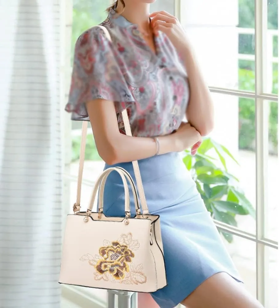 Women Handbag Embroidered Tote Bag Large Capacity Top Handle Handbag with Leather Long Strap