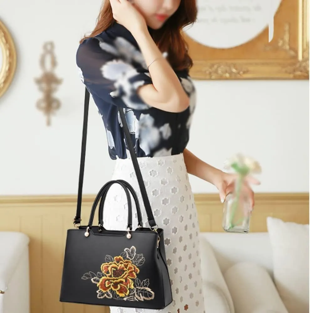 Women Handbag Embroidered Tote Bag Large Capacity Top Handle Handbag with Leather Long Strap