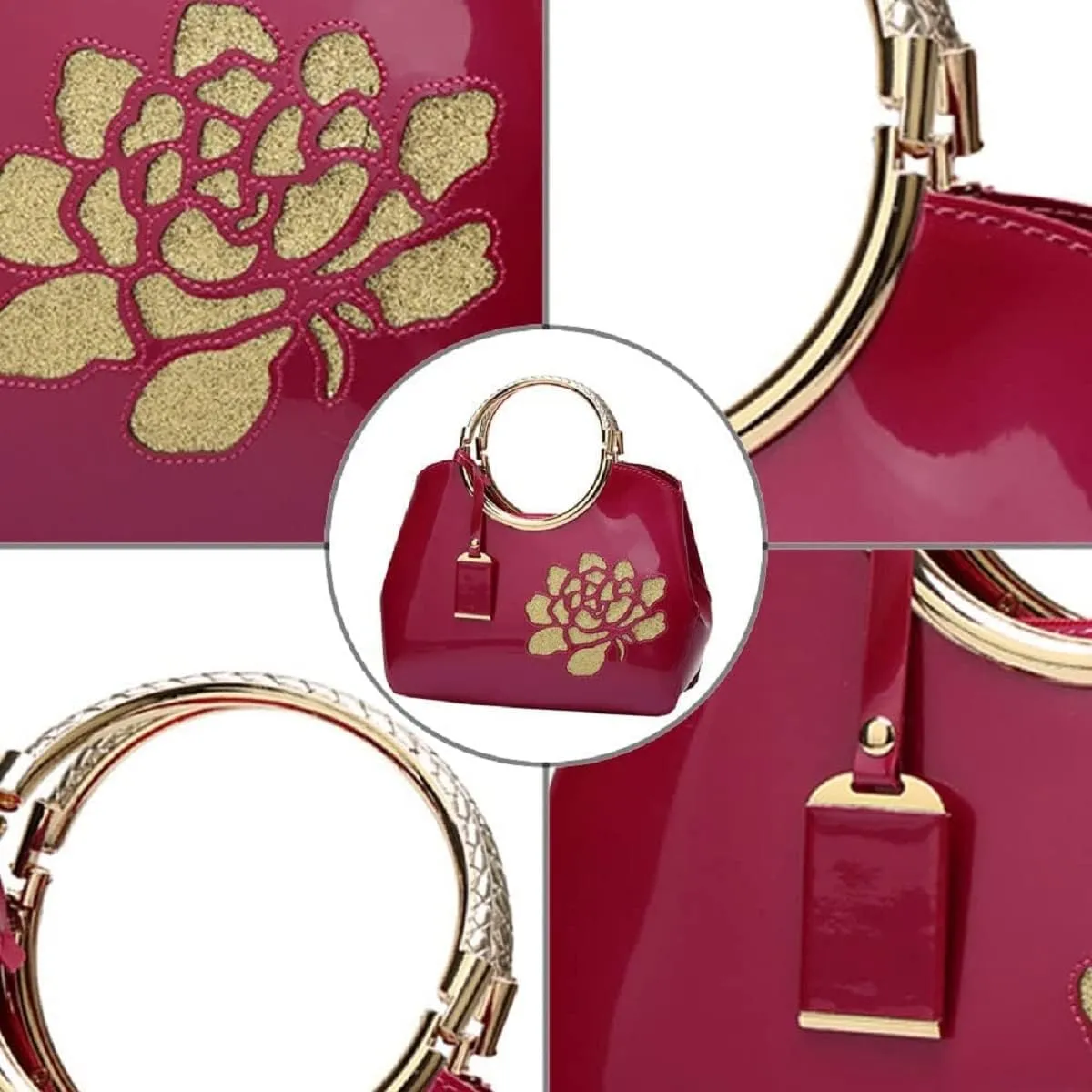 Women Handbag Patent Leather Flower Pattern Satchel Charm Glossy Purse Metal Grip Structured Shoulder Bag