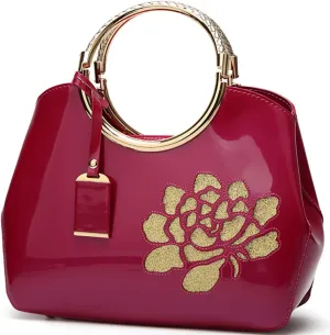 Women Handbag Patent Leather Flower Pattern Satchel Charm Glossy Purse Metal Grip Structured Shoulder Bag