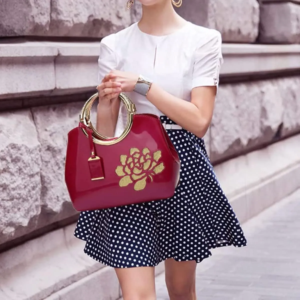 Women Handbag Patent Leather Flower Pattern Satchel Charm Glossy Purse Metal Grip Structured Shoulder Bag