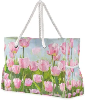 Women Large Beach Bag Row Of Tulips Travel Tote Bags for Gym Sport Shoulder Bag