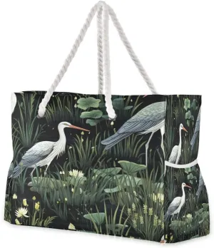 Women Large Beach Bag Swamp Heron Bird Travel Tote Bags for Gym Sport Shoulder Bag