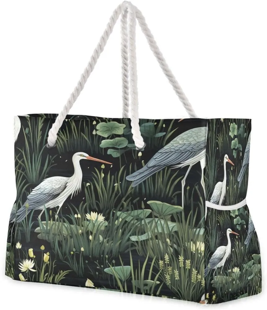 Women Large Beach Bag Swamp Heron Bird Travel Tote Bags for Gym Sport Shoulder Bag