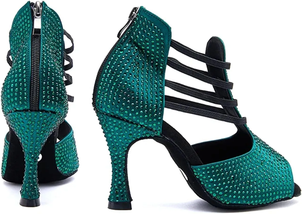 Women's Black Latin Dance Sandals - Rhinestone Salsa Ballroom Party Heels, 5CM/2Inch Heel Height