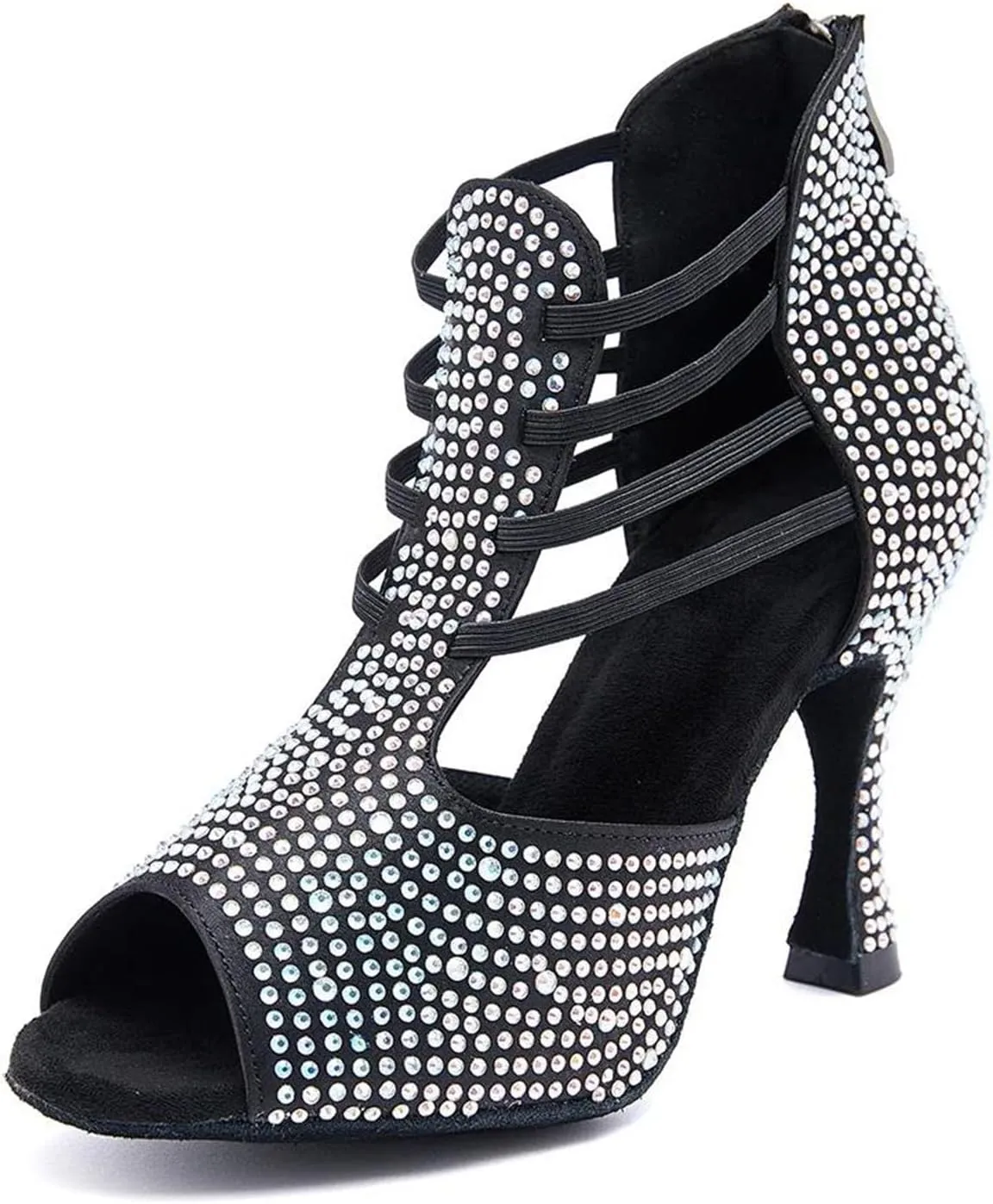 Women's Black Latin Dance Sandals - Rhinestone Salsa Ballroom Party Heels, 5CM/2Inch Heel Height
