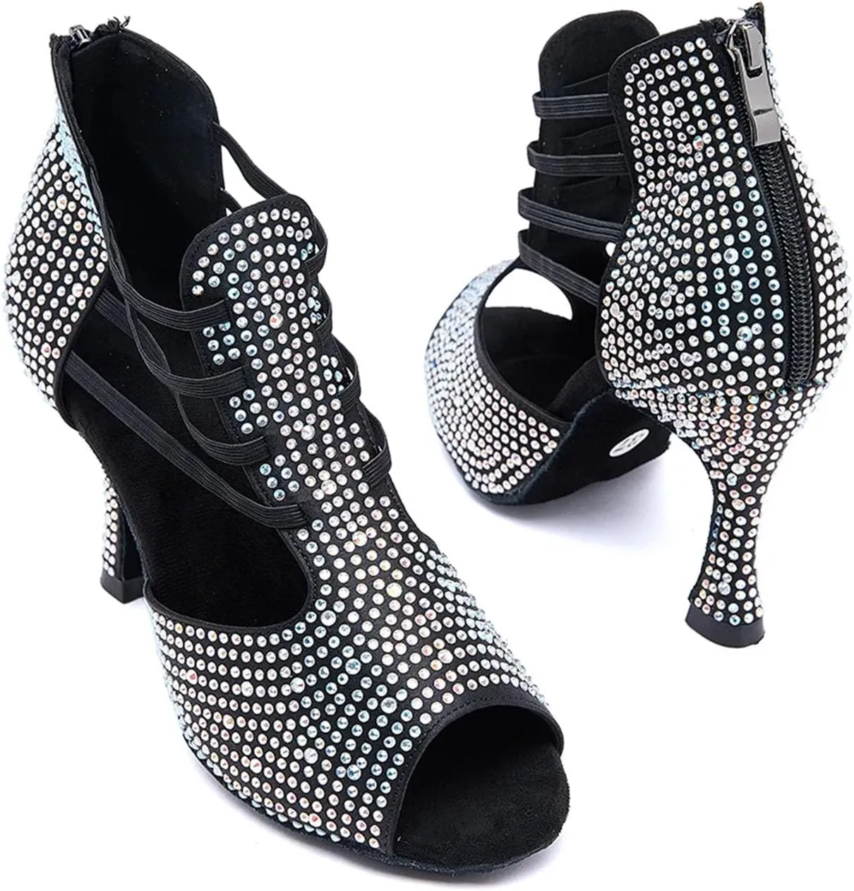 Women's Black Latin Dance Sandals - Rhinestone Salsa Ballroom Party Heels, 5CM/2Inch Heel Height
