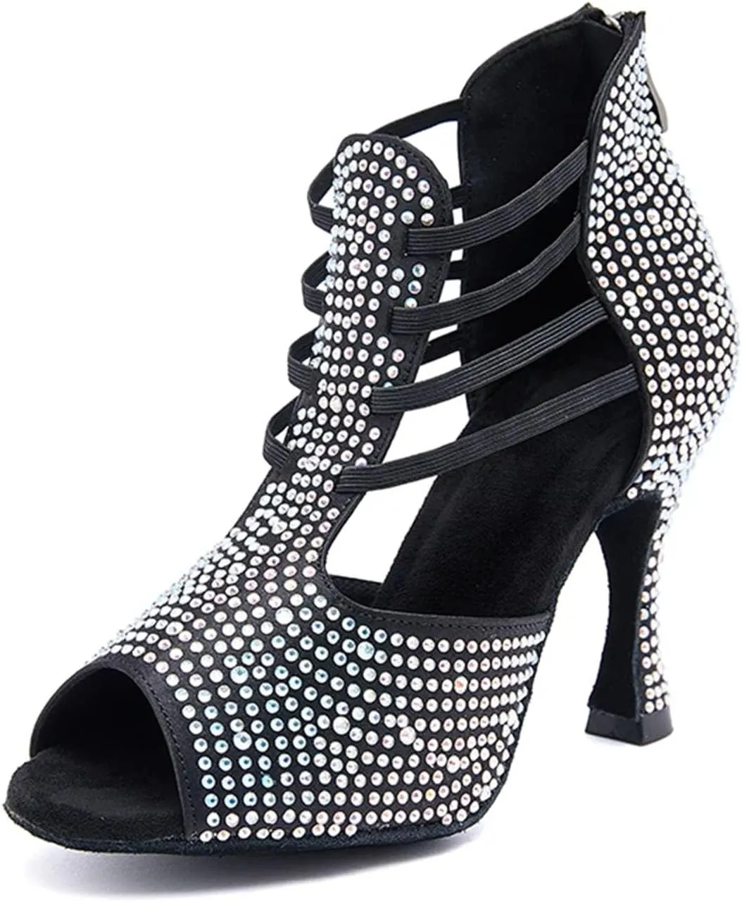 Women's Black Latin Dance Sandals - Rhinestone Salsa Ballroom Party Heels, 5CM/2Inch Heel Height
