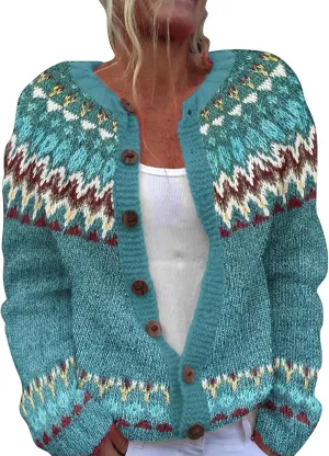 Womens Cardigan Vintage Sweaters Winter Fall Stripes Casual Loose Long Sleeve Knitted Sweater Tops 2024