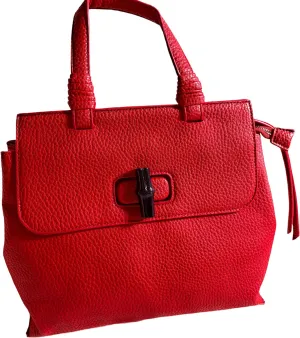 Women's Classic Red Leather Handbag, Textured Tote with Toggle Clasp, Dual Handle Design