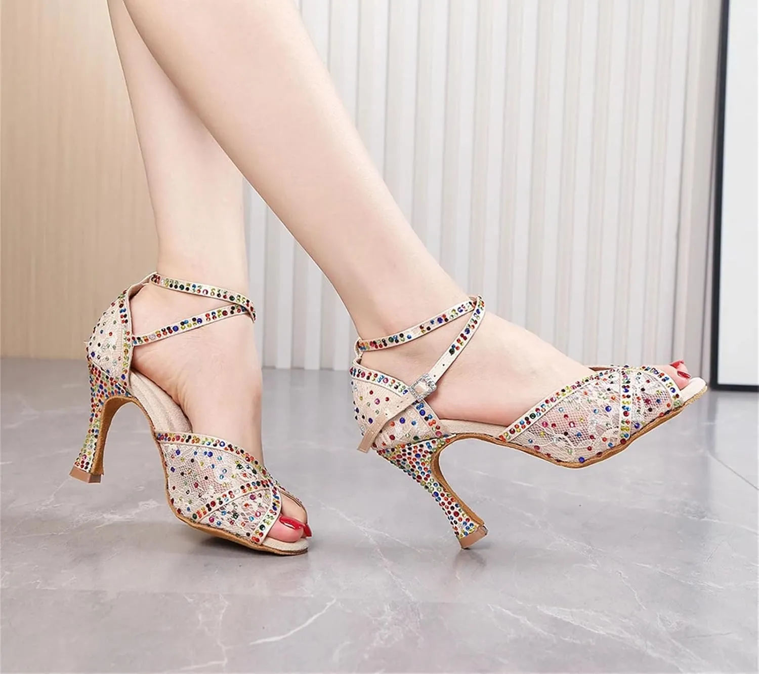 Women's Colored Rhinestone Dance Shoes - Mesh Tango Ballroom Party Heels, 5CM/2Inch Heel Height