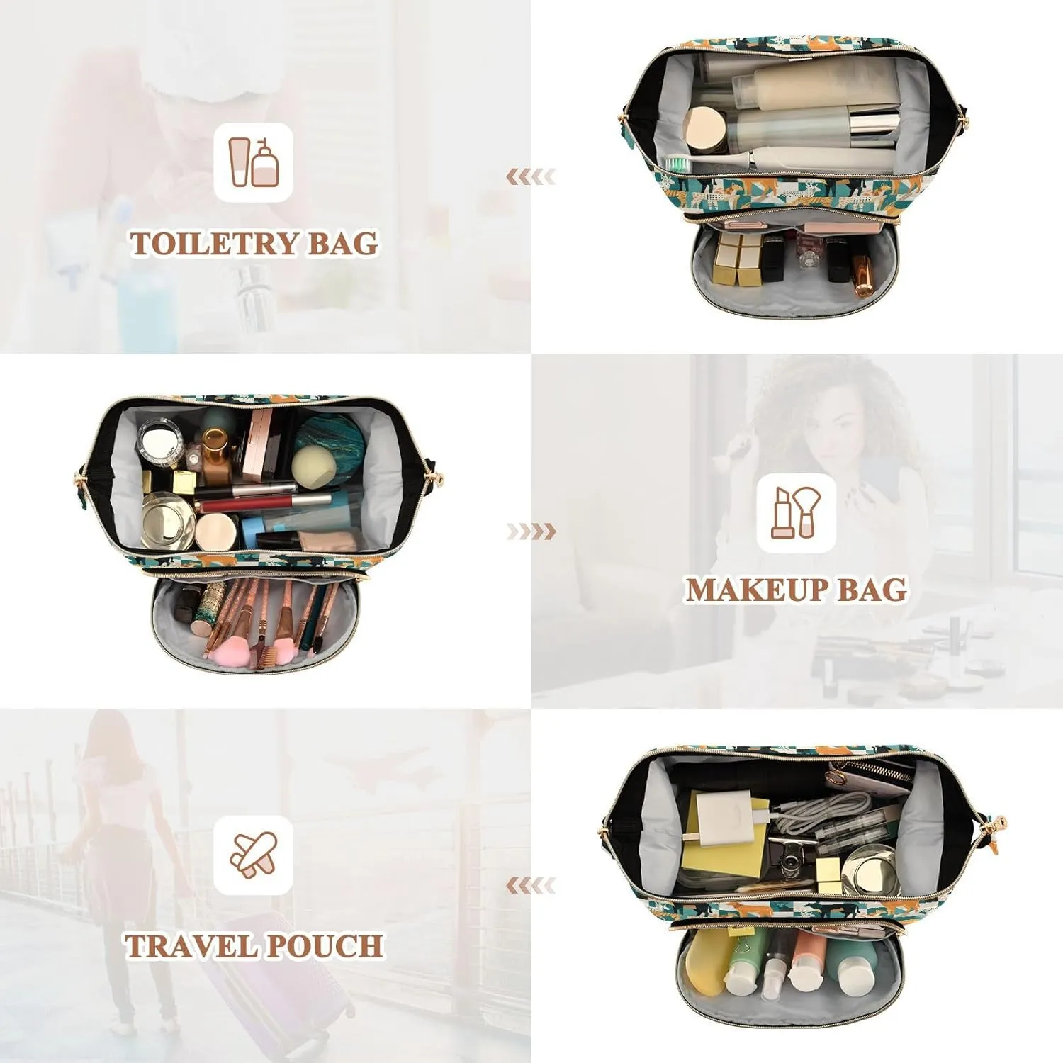 Women’s Cosmetic Bag with Wide-Open Top Quilted Puffer Design Multiple Compartments
