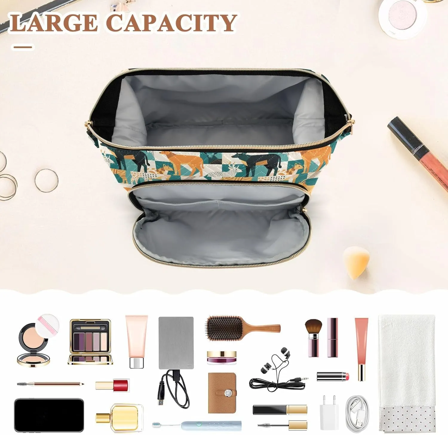 Women’s Cosmetic Bag with Wide-Open Top Quilted Puffer Design Multiple Compartments