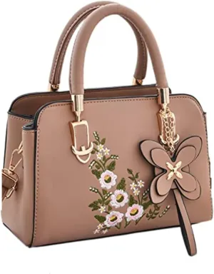 Women's Fashion Leather Handbag, Embroidered Purse Handbag, Lady's Flower Satchel Crossbody Bag Tote Bag
