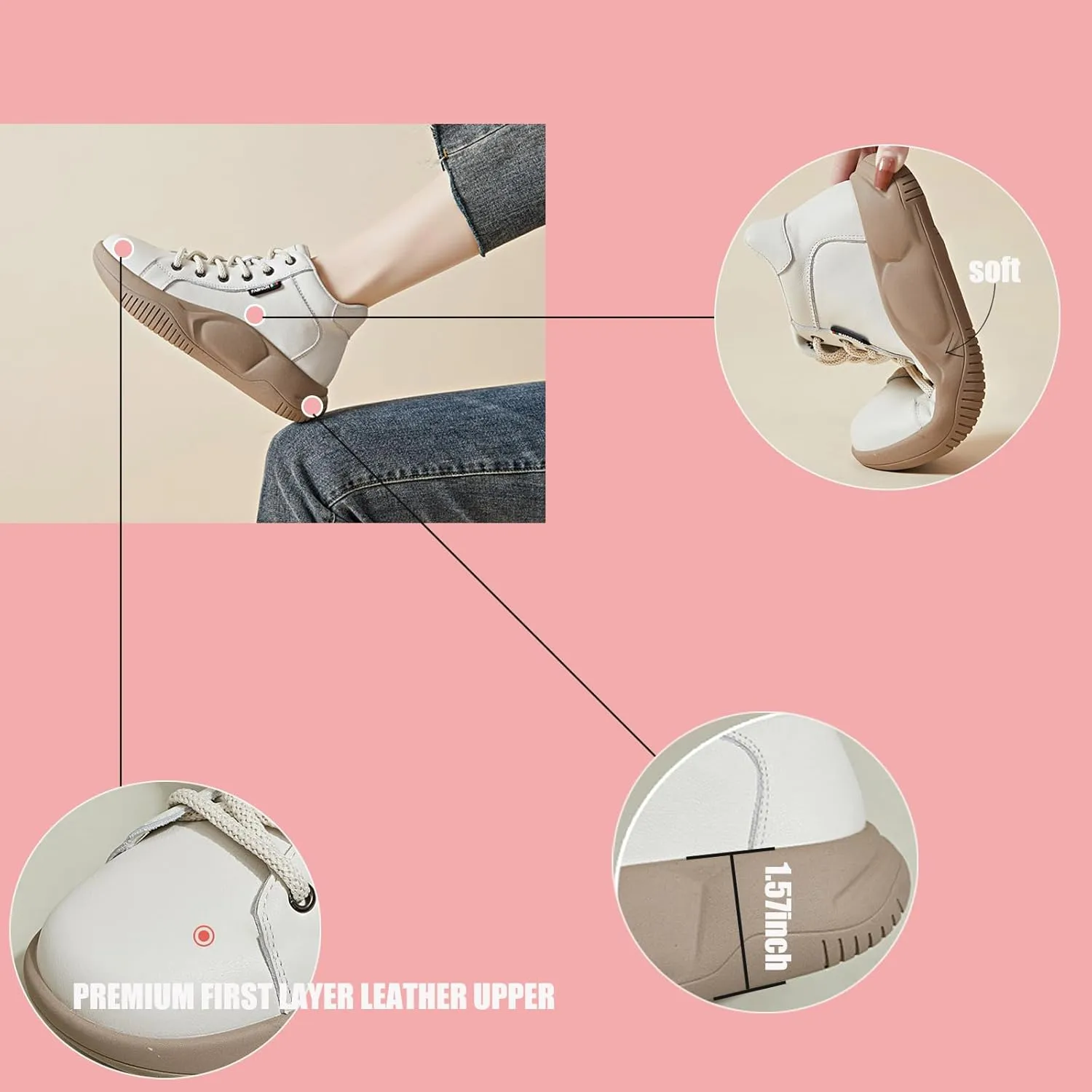 Women's Genuine Leather High Top Sneakers Platform Ankle Boots, Lace Up Comfortable Soft Sole Round Toe Fashion Casual Sneakers
