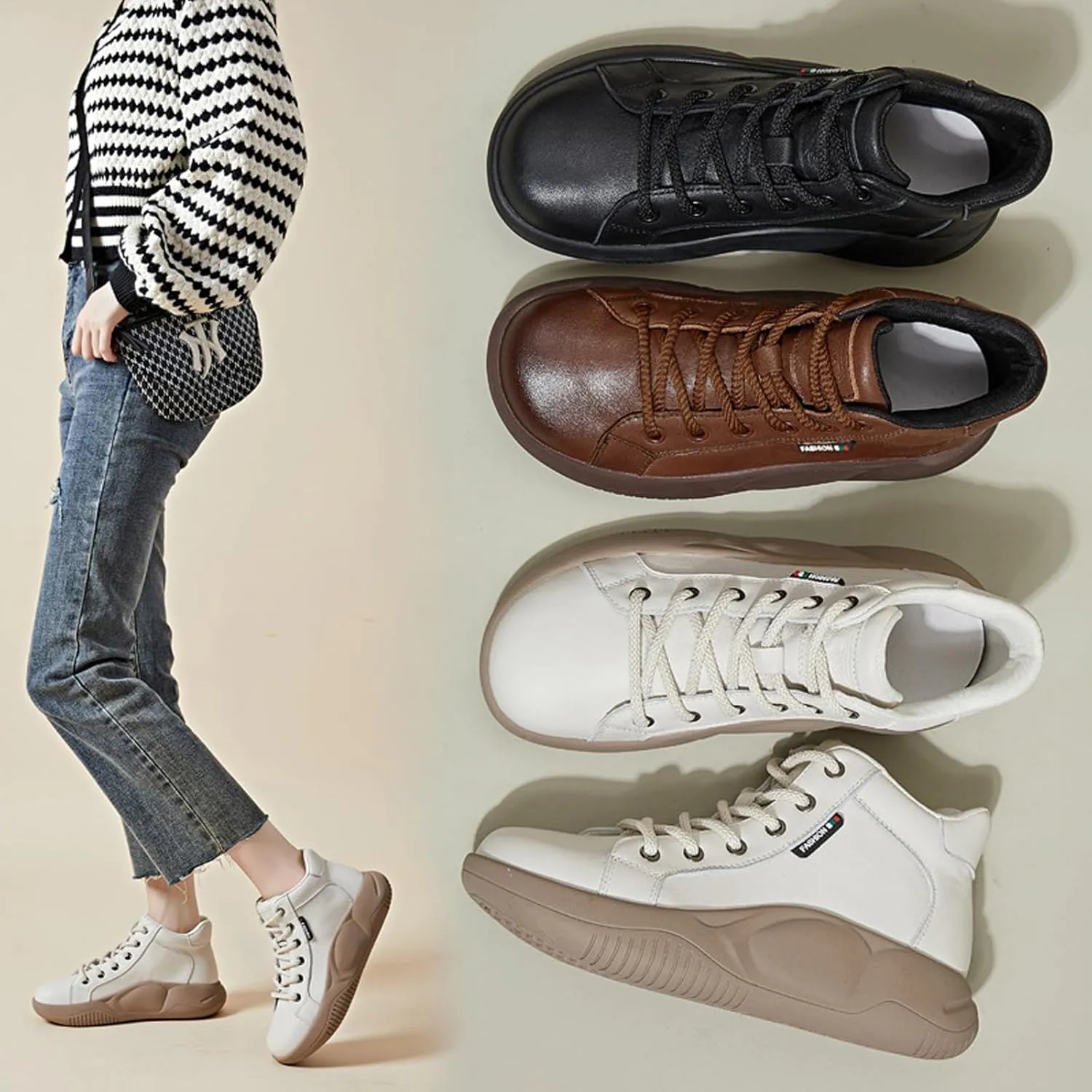 Women's Genuine Leather High Top Sneakers Platform Ankle Boots, Lace Up Comfortable Soft Sole Round Toe Fashion Casual Sneakers