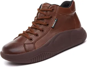 Women's Genuine Leather High Top Sneakers Platform Ankle Boots, Lace Up Comfortable Soft Sole Round Toe Fashion Casual Sneakers