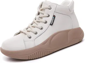 Women's Genuine Leather High Top Sneakers Platform Ankle Boots, Lace Up Comfortable Soft Sole Round Toe Fashion Casual Sneakers