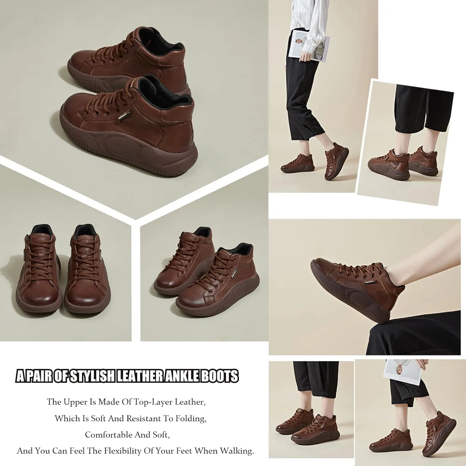 Women's Genuine Leather High Top Sneakers Platform Ankle Boots, Lace Up Comfortable Soft Sole Round Toe Fashion Casual Sneakers