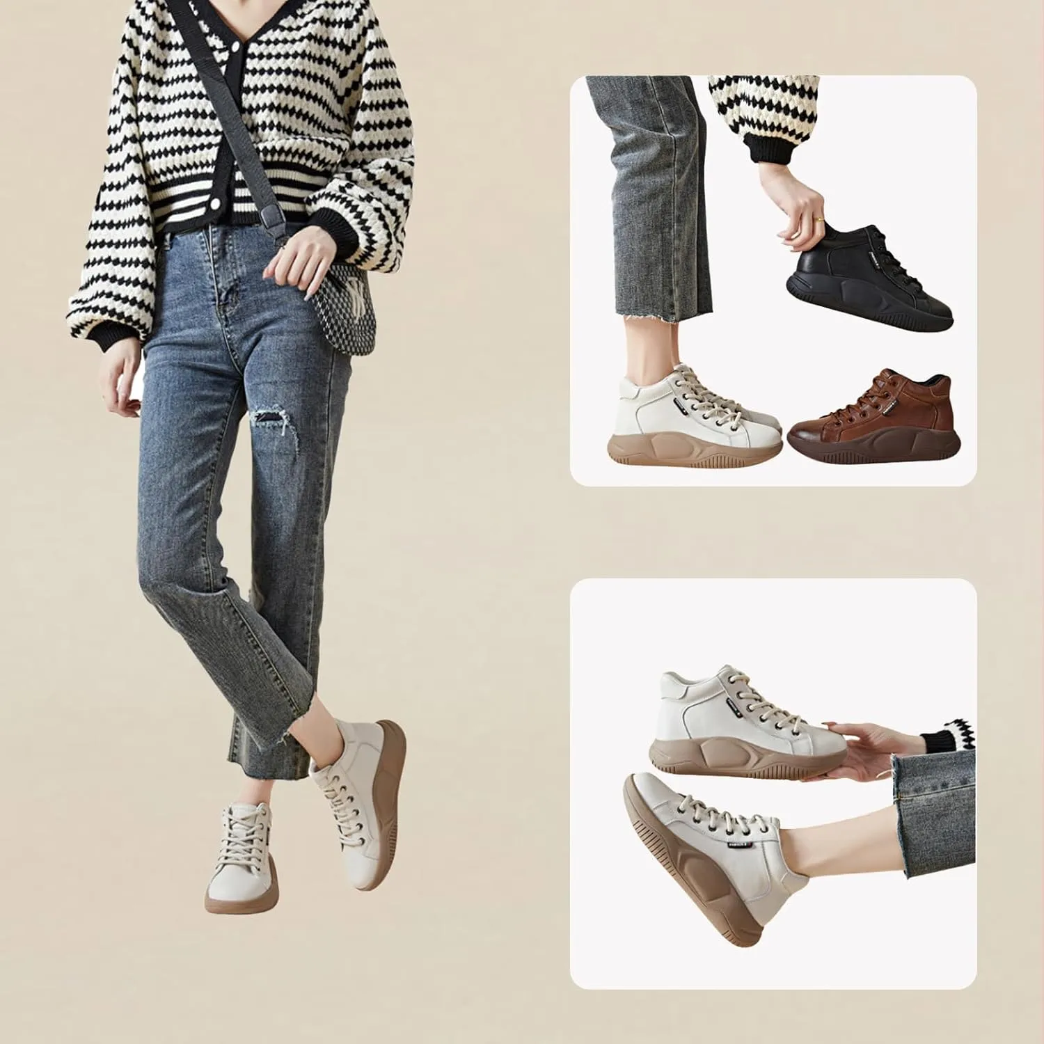 Women's Genuine Leather High Top Sneakers Platform Ankle Boots, Lace Up Comfortable Soft Sole Round Toe Fashion Casual Sneakers