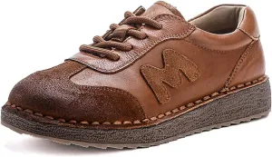 Women's Hand-Stitched Leather Chunky Platform Sneakers Retro Lace-Up Low-Cut Thick Traction Rubber Sole Comfortable Non-Slip Walking Shoes for Casual Everyday Wear Outdoor