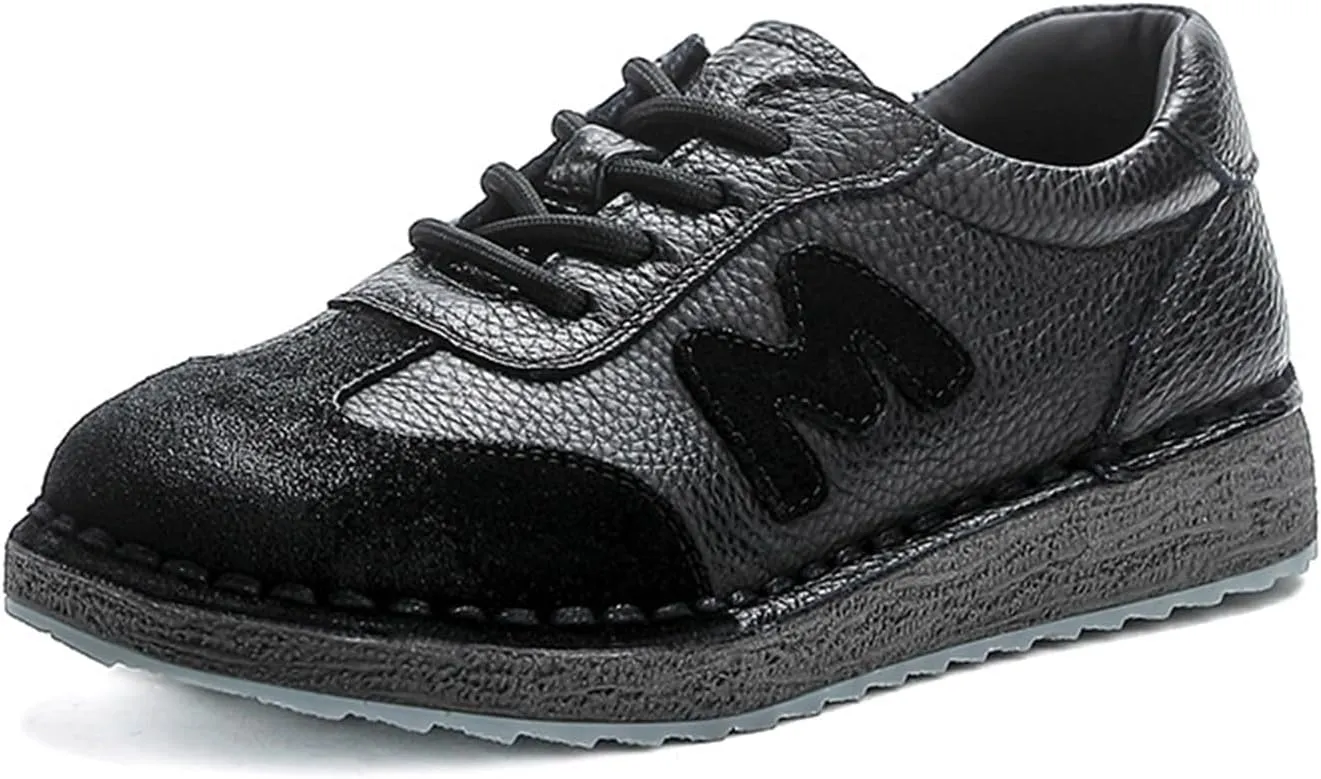 Women's Hand-Stitched Leather Chunky Platform Sneakers Retro Lace-Up Low-Cut Thick Traction Rubber Sole Comfortable Non-Slip Walking Shoes for Casual Everyday Wear Outdoor