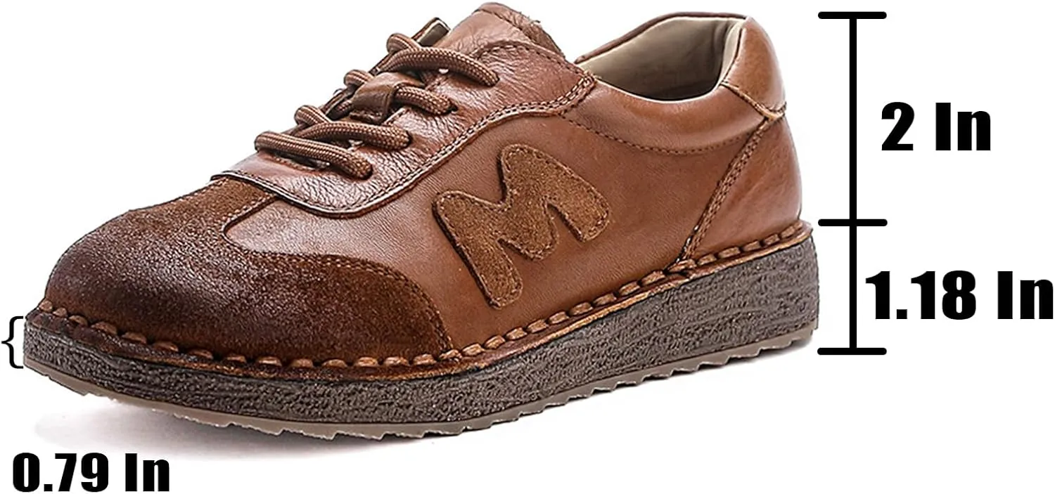 Women's Hand-Stitched Leather Chunky Platform Sneakers Retro Lace-Up Low-Cut Thick Traction Rubber Sole Comfortable Non-Slip Walking Shoes for Casual Everyday Wear Outdoor