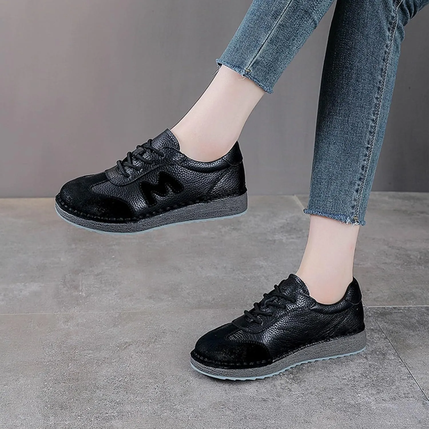 Women's Hand-Stitched Leather Chunky Platform Sneakers Retro Lace-Up Low-Cut Thick Traction Rubber Sole Comfortable Non-Slip Walking Shoes for Casual Everyday Wear Outdoor