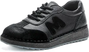 Women's Hand-Stitched Leather Chunky Platform Sneakers Retro Lace-Up Low-Cut Thick Traction Rubber Sole Comfortable Non-Slip Walking Shoes for Casual Everyday Wear Outdoor