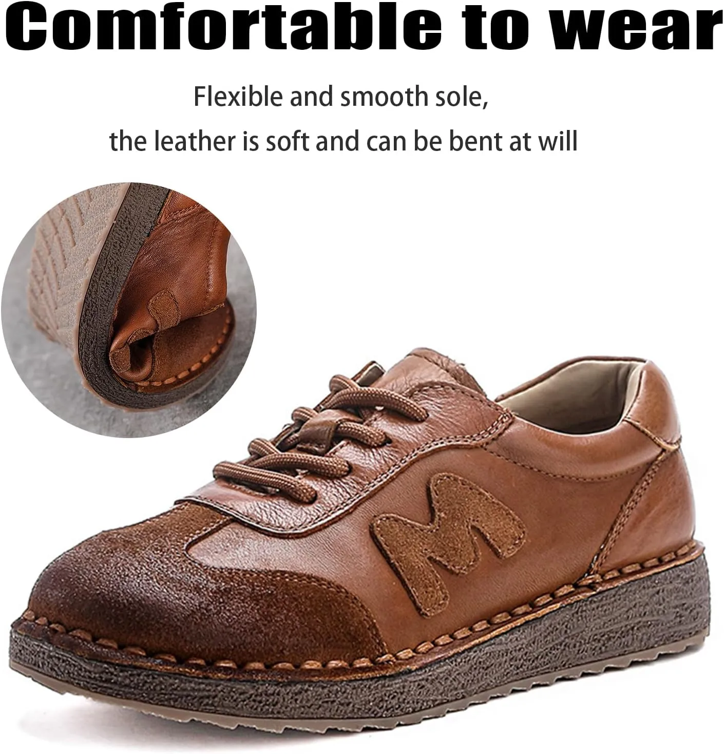 Women's Hand-Stitched Leather Chunky Platform Sneakers Retro Lace-Up Low-Cut Thick Traction Rubber Sole Comfortable Non-Slip Walking Shoes for Casual Everyday Wear Outdoor