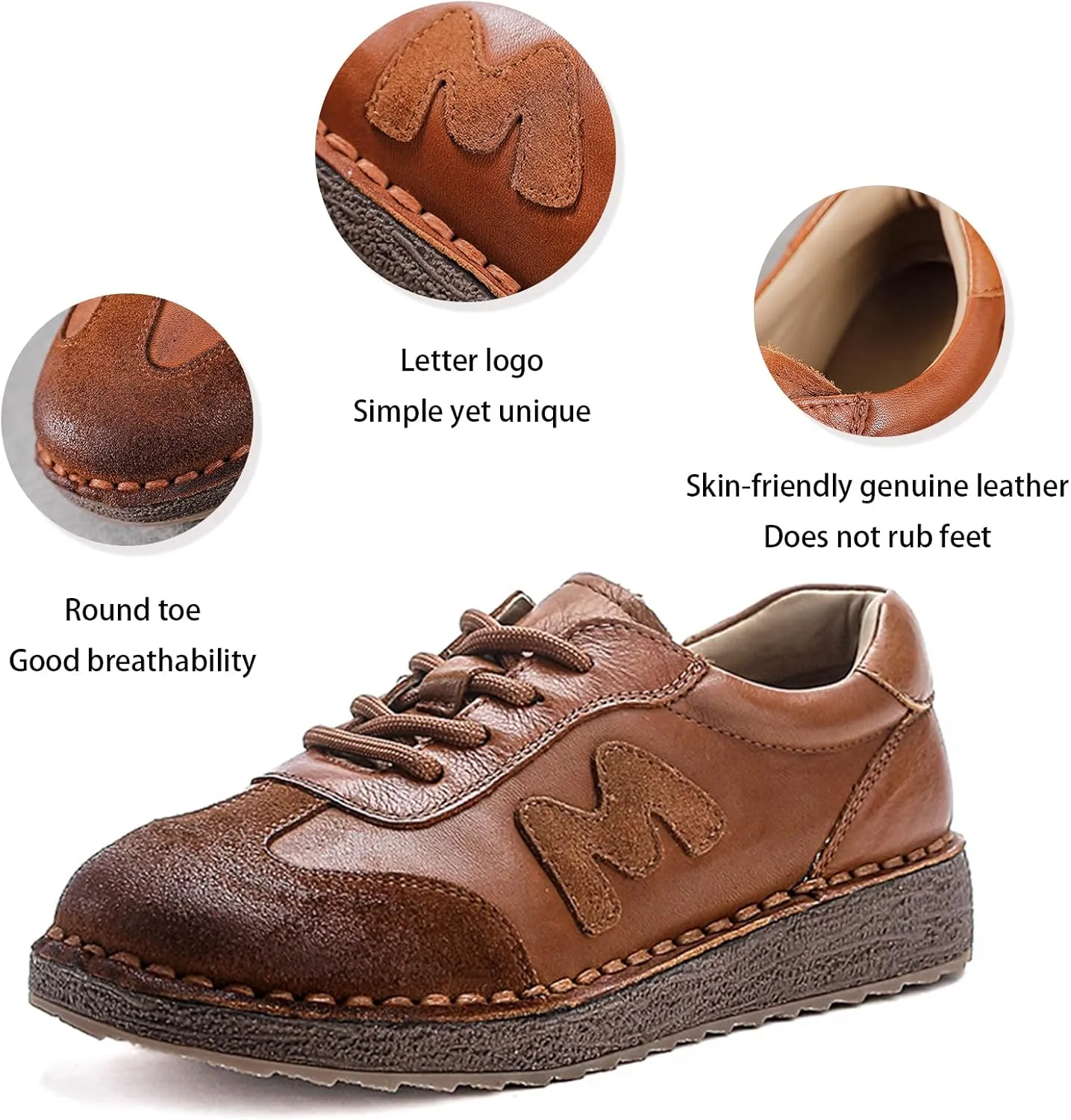 Women's Hand-Stitched Leather Chunky Platform Sneakers Retro Lace-Up Low-Cut Thick Traction Rubber Sole Comfortable Non-Slip Walking Shoes for Casual Everyday Wear Outdoor