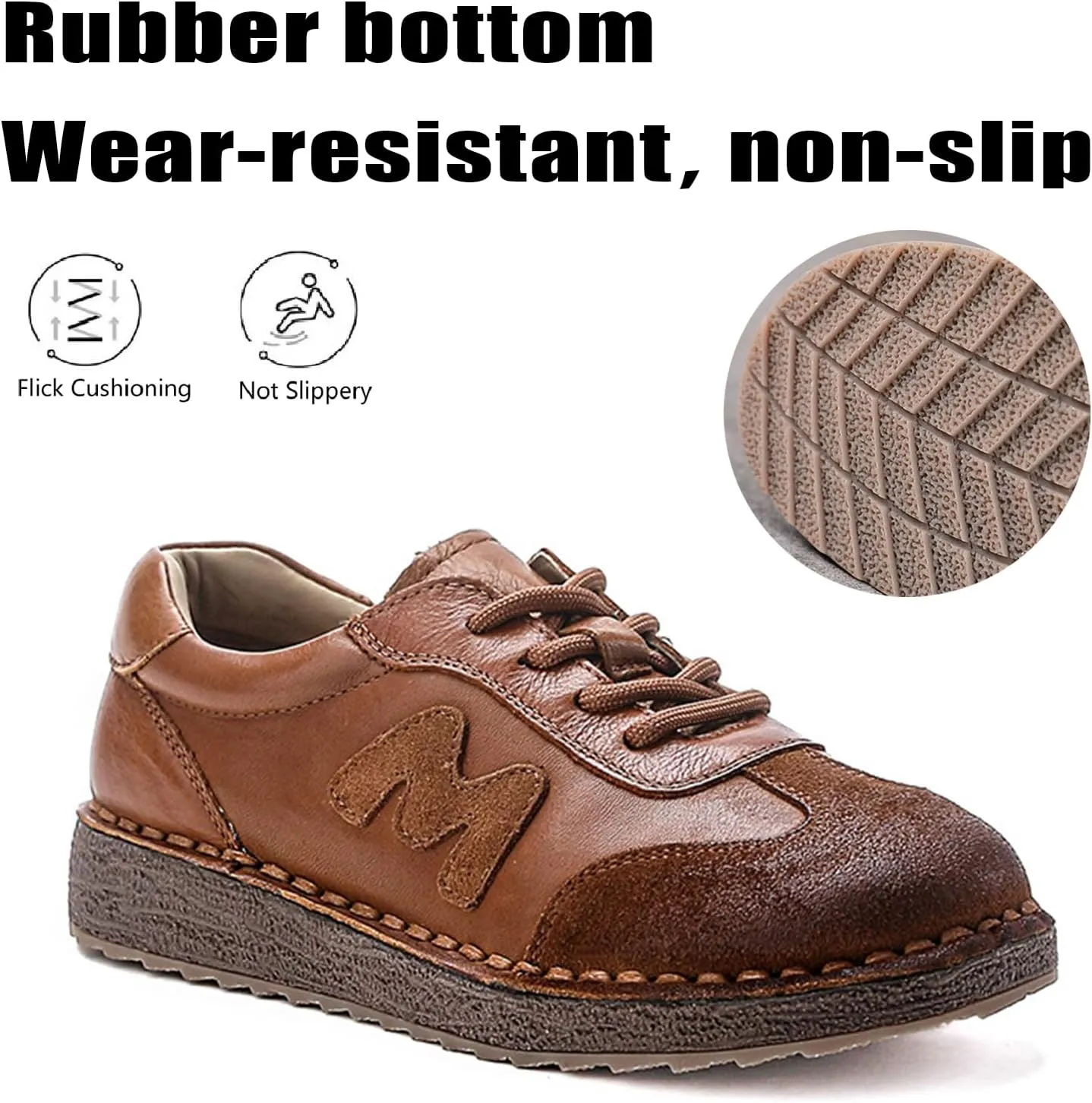 Women's Hand-Stitched Leather Chunky Platform Sneakers Retro Lace-Up Low-Cut Thick Traction Rubber Sole Comfortable Non-Slip Walking Shoes for Casual Everyday Wear Outdoor