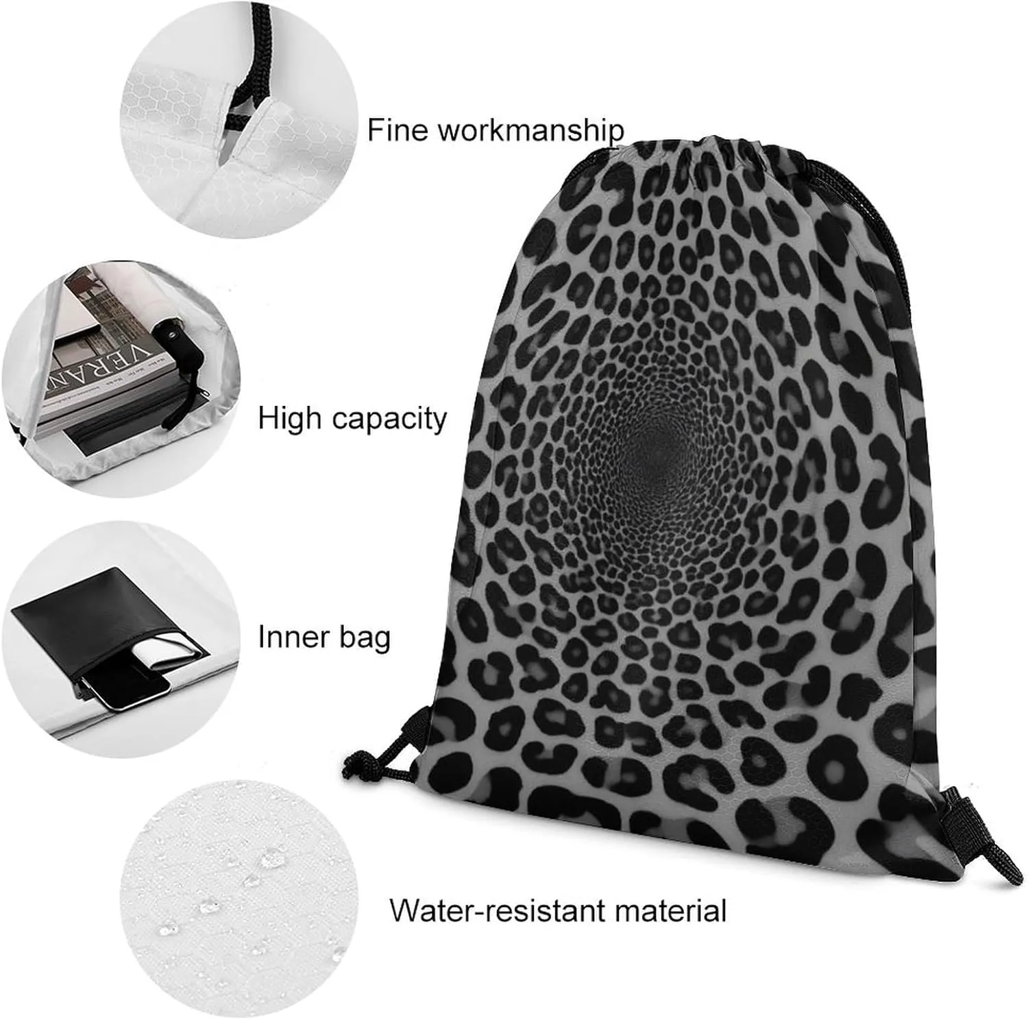 Women's Large Capacity Drawstring Bag, Novelty Waterproof Shopping Storage Pouch for Women, Dark Gray Black Leopard Cheetah Print Lightweight Sports Backpack for Yoga